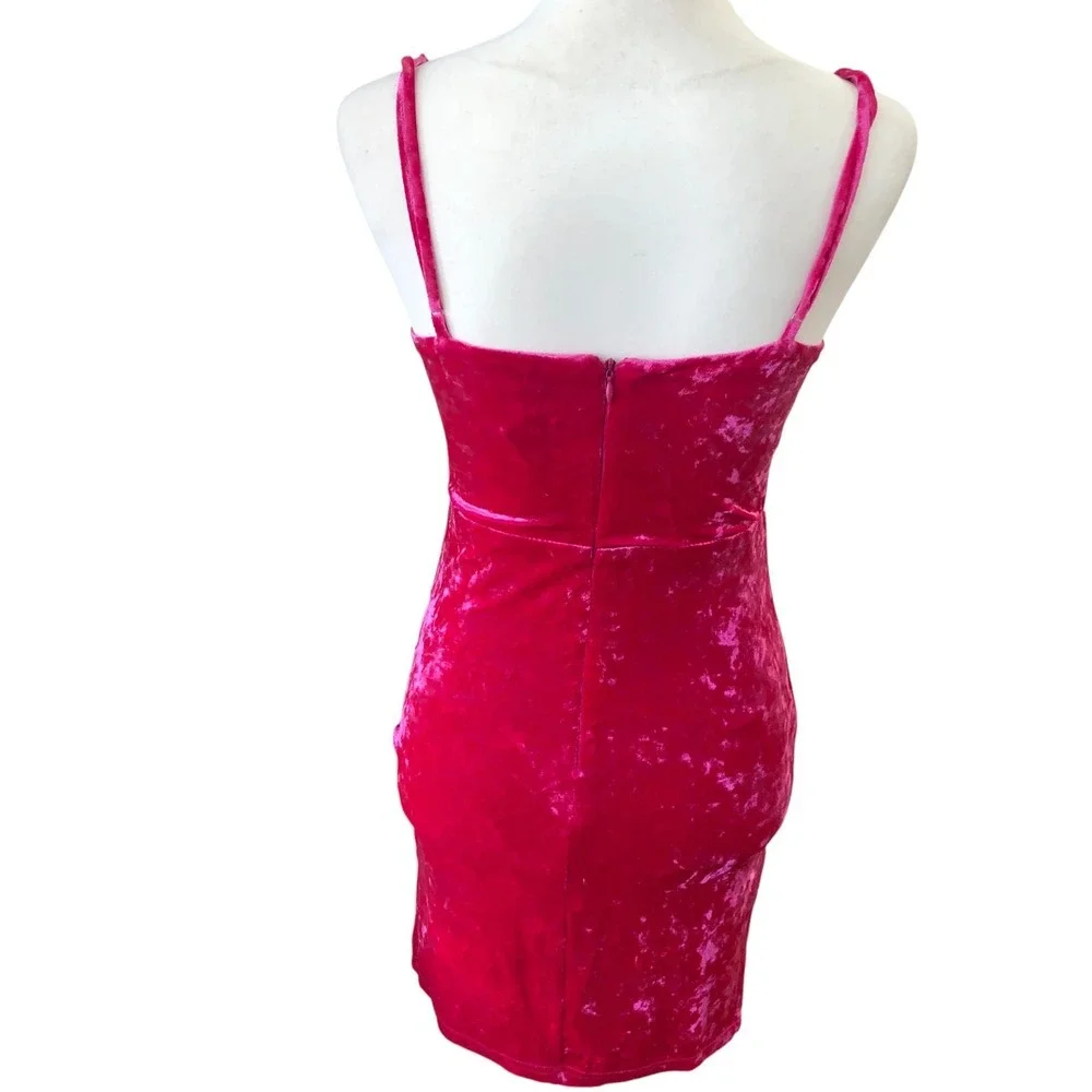 New! V-Neck Fuchsia Pink Velvet Strappy Sexy Mini‎ Cocktail Party Dress Sz S